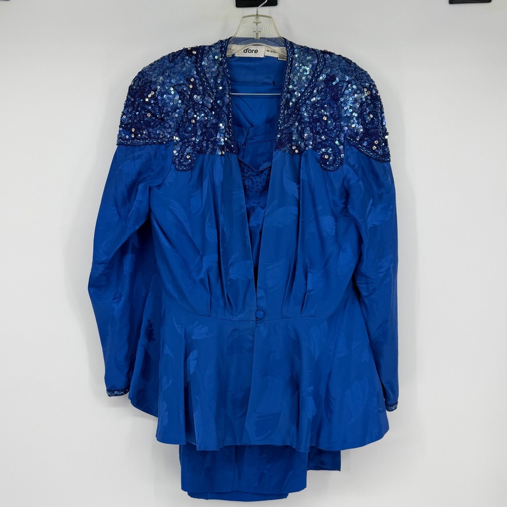 D'ore Vintage 100% Silk Beaded Cami and Midi Skirt Set Royal Blue Size 14